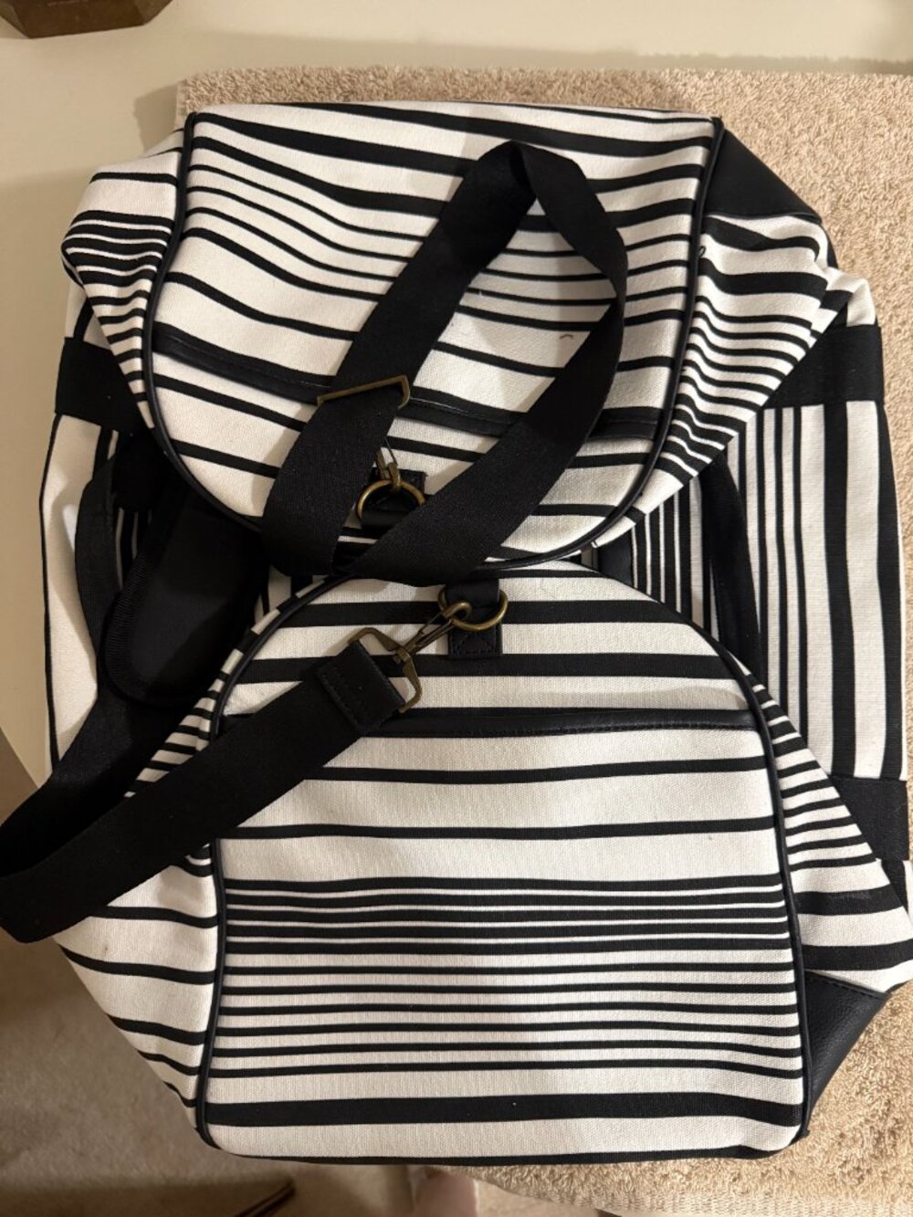 Black & White Striped Weekender Bag with Shoulder Strap